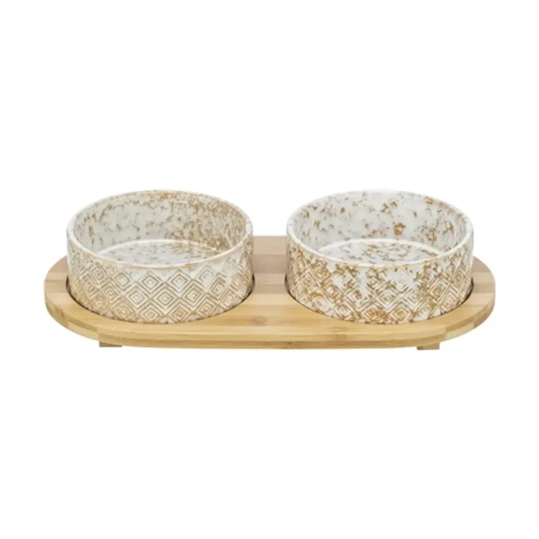 Trixie set voer- en waterbak keramiek/bamboe wit/natuur, 2 x 300 ml 30 x 6 x 15 cm